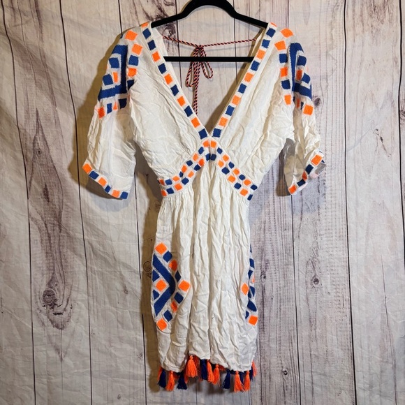 Pia Pauro White Blue and Orange Short Sleeve Romper Tassel Geometric Pattern S - Picture 1 of 8